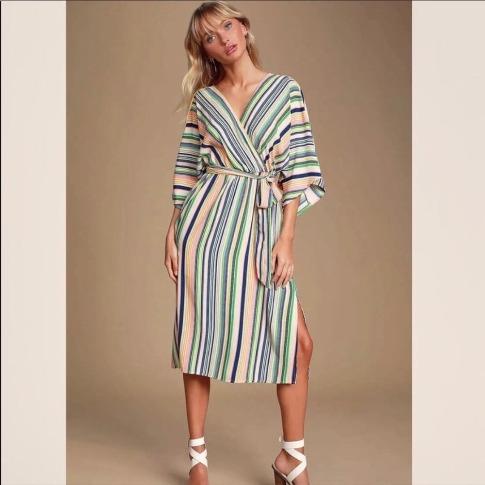 Lulu’s Rainbow High Potential Blush Multi Stripe Dolman Sleeve Dress Size Small